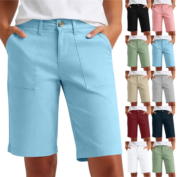 Bloomae Womens Bermuda Shorts with Pockets Knee Length Casual Summer Beach Vacation Short Capris Lightweight High Waist Workwear Chino Hiking Shorts