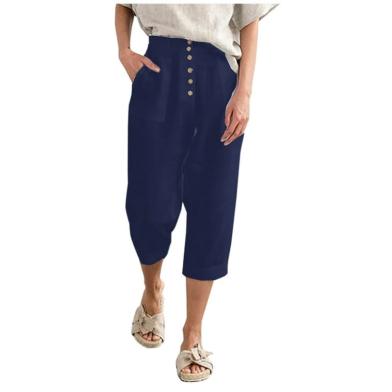 Fanxing Linen Capri Pants for Women Plus Size Wide Leg Elastic High Waisted  Casual Beach Loose Comfy Cropped Pants with Pockets
