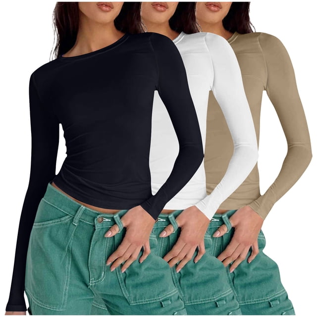 Birdeem T-Shirts à Manches Longues pour Femmes Mode Décontractée Col Rond Couleur Unie T-Shirt à Manches Longues Chandail Tops Manches 3/4 T-Shirts pour Femmes