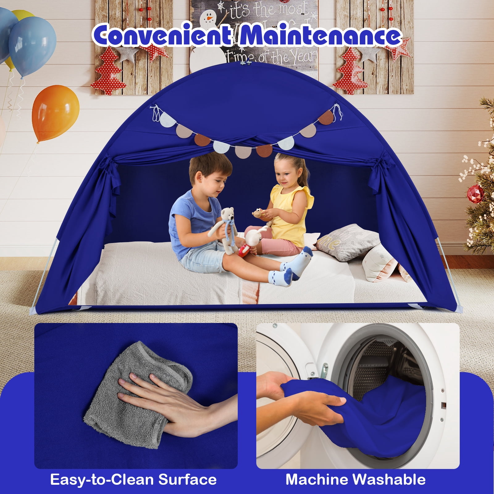Gymax Twin Full Size Bed Tent w/2 Windows Flags for Boys & Girls Aged 3+ Years Old Navy