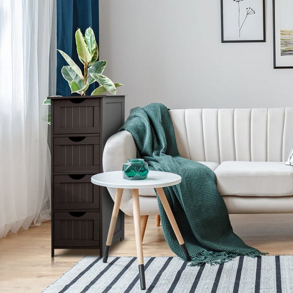 Bonnlo Bathroom Organizer and Storage Espresso Wooden Side Bathroom Cabinet with 4 Drawers Free Standing Cabinet for Bathroom Bedroom Living Room Hallway Office