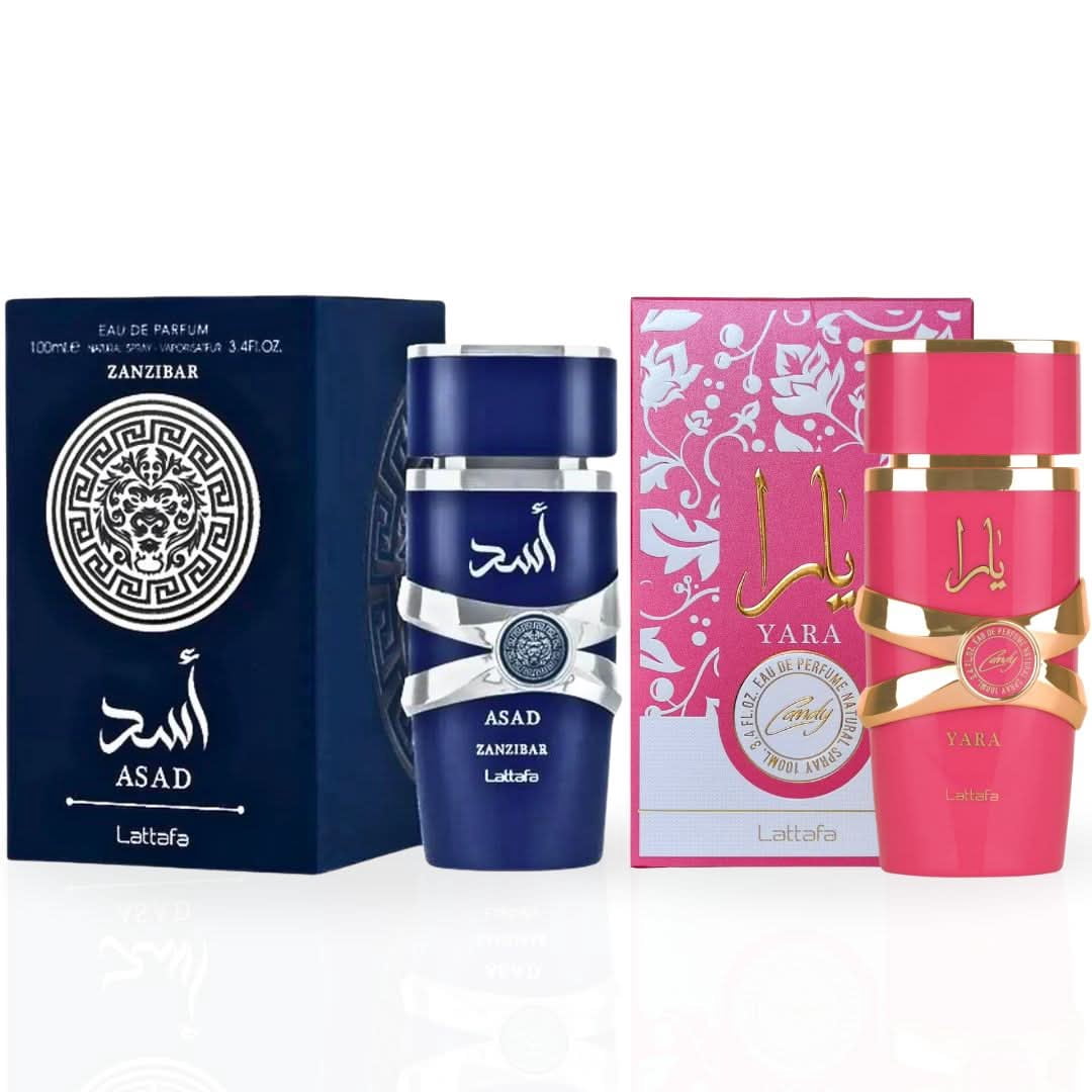 Yara Candy & Asad Zanzibar Eau de Parfum Sprays 100ml (3.4 oz) by Lattafa (Bundle)