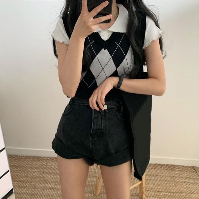 VISgogo Chaleco de punto para mujer, patrones romboides, cuello en V, sin mangas, ajustado, camisetas sin mangas de punto para niñas, rosa/gris VISgogo moda