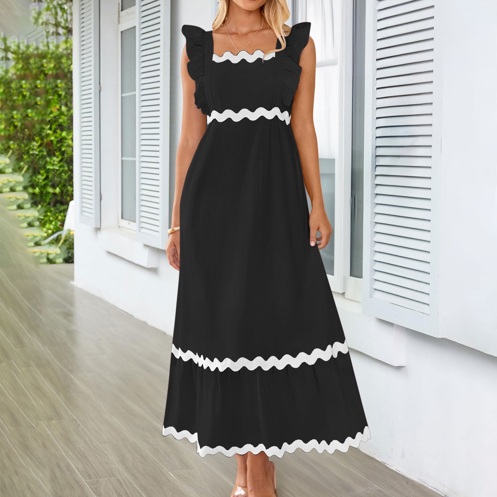 Reduced Price,Women Casual Round Neck Pullover Pocket Lace Patchwork Dress, Casual Round Neck Pullover Dress with Pocket and Lace Patchwork Must-Have  Fashion|100%Polyester,Black,Sopatenor
