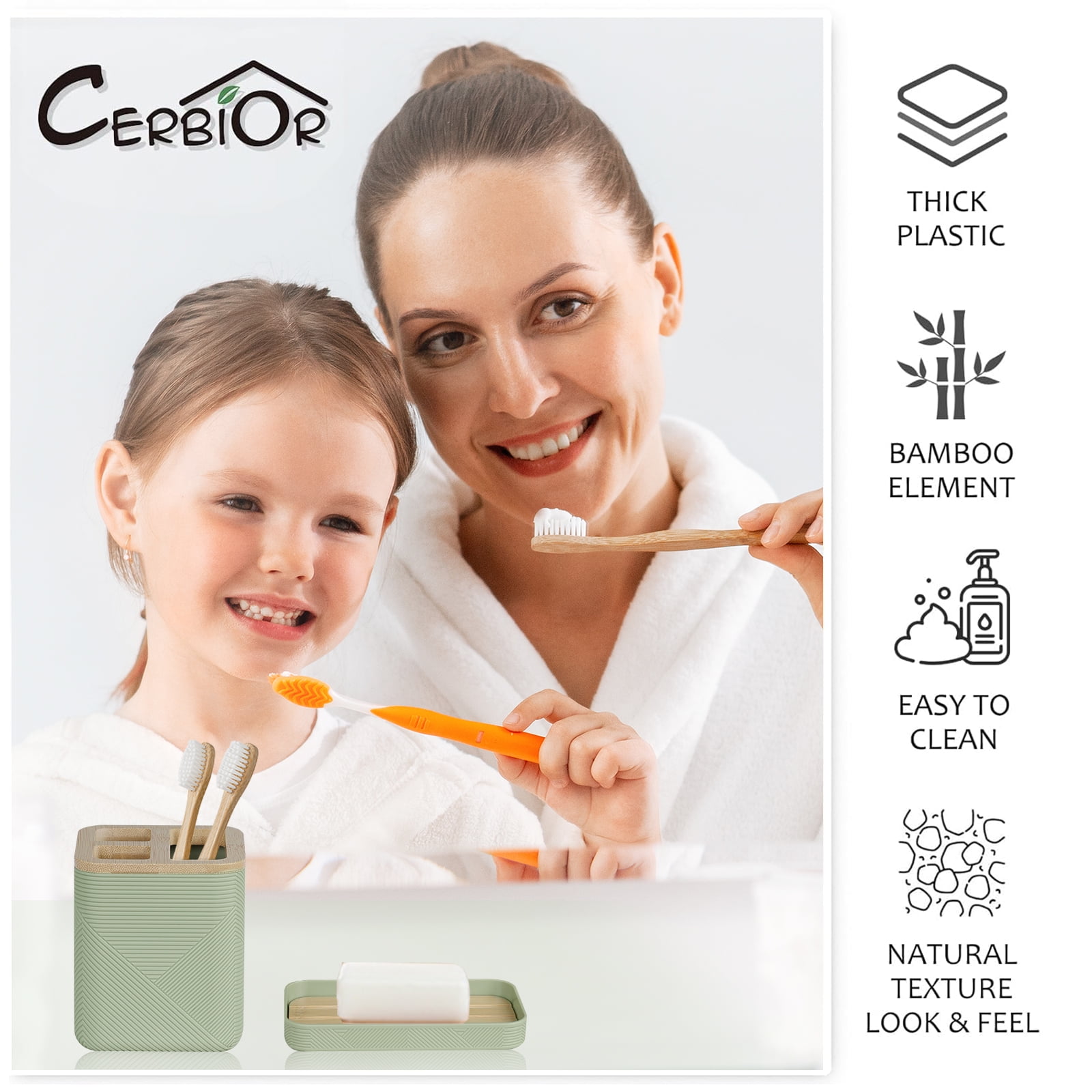 CERBIOR Bathroom Accessories Set 6 Piece Bamboo Bath Ensemble Includes Soap Dispenser, Toothbrush Holder, Toothbrush Cup, Soap Dish for Decorative Countertop and Housewarming Gift, Green