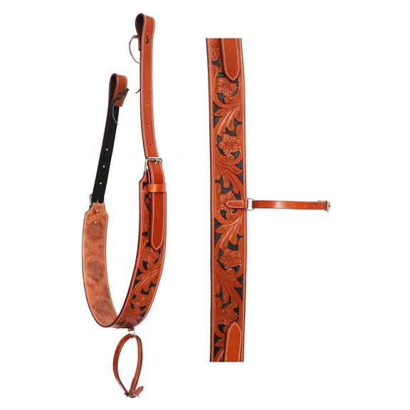 Horse Handcrafted Floral Tooled Black Inlay Oiled Tan Leather Rear Flank Saddle Cinch Girth with Billets 97123TN