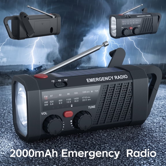 UMUTOO EM06 Emergency Solar Hand Crank Radio, 2000mAh / 7400mWh Power Bank, AM/FM/SW, LED Flashlight, SOS Alarm, USB-C Rechargeable for Camping, Hurricane, Survival Kit