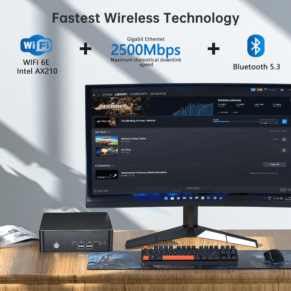 Mini PC with Core i9-9880H 2.3 up to 4.8GHz, 16G DDR4 1T PCIE3.0 NVME SSD, Windows 11 Pro DP/HDMI/Type-C 4K@60Hz Triple Display, 2x2.5G RJ45 LAN, WIFI6E/BT5.3