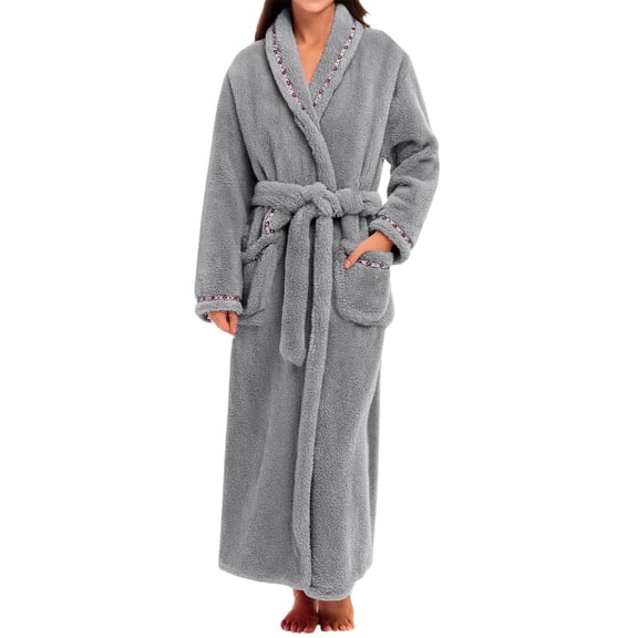 Hugcore Robes for Women Women's Shawl Flannel Robe Belted Fuzzy Fleece Nightgown Warm Winter Plush Loungewear Bathrobe with Pockets Long Robes for Women, Grey, L