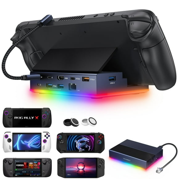 iVANKY 14-in-1 RGB 4K@120Hz Docking Station for Steam Deck OLED/ROG Ally X/Lenovo Legion Go, Foldable Dock with HDMI Gigabit Ethernet 10Gbps USB 3.2, SD/TF Slots, 1Gbps
