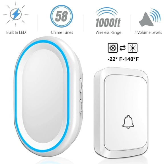 Wireless Doorbell by – Waterproof Door Bells & Chimes Wireless Kit – Over 1000-Foot Range, 58 Door Bell Chime, 4 Volume Levels with LED Flash – Wireless Doorbells for Home White