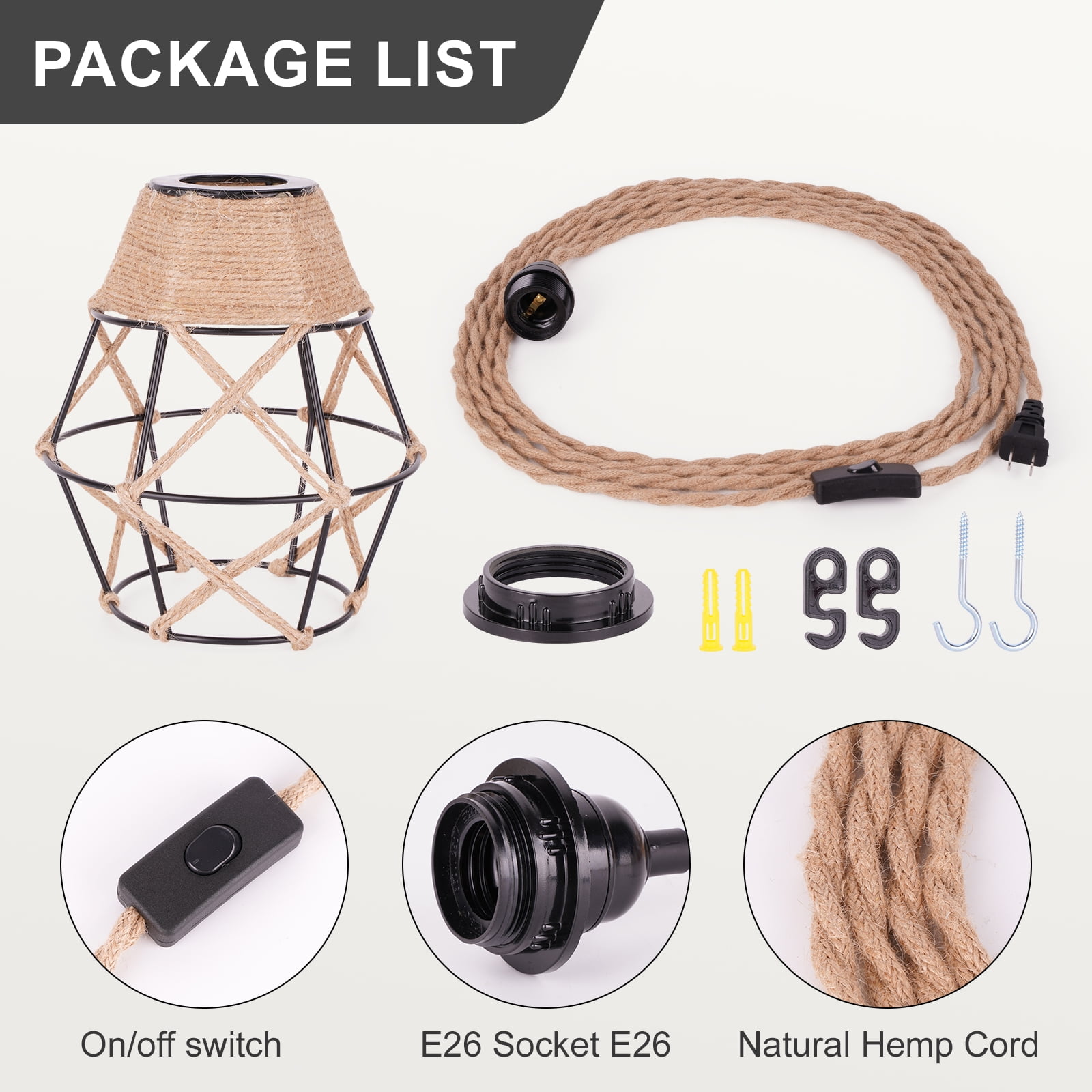 Motent Plug in Pendant Light Fixture, E26 Metal Lampshade with Twist Hemp Hanging Lights for Home Decor Dining Room Kitchen Island Living Room Bedroom
