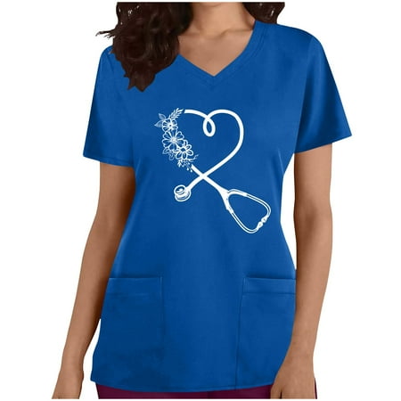 

SELONE Womens Scrub Tops Shirts for Women Graphic Short Sleeve V Neck with Pockets Working Uniform Blouse Fashion Beach Classy Y2K Soft Cute Tops Ladies Tops and Blouses Going Out Tops Dark Blue XL