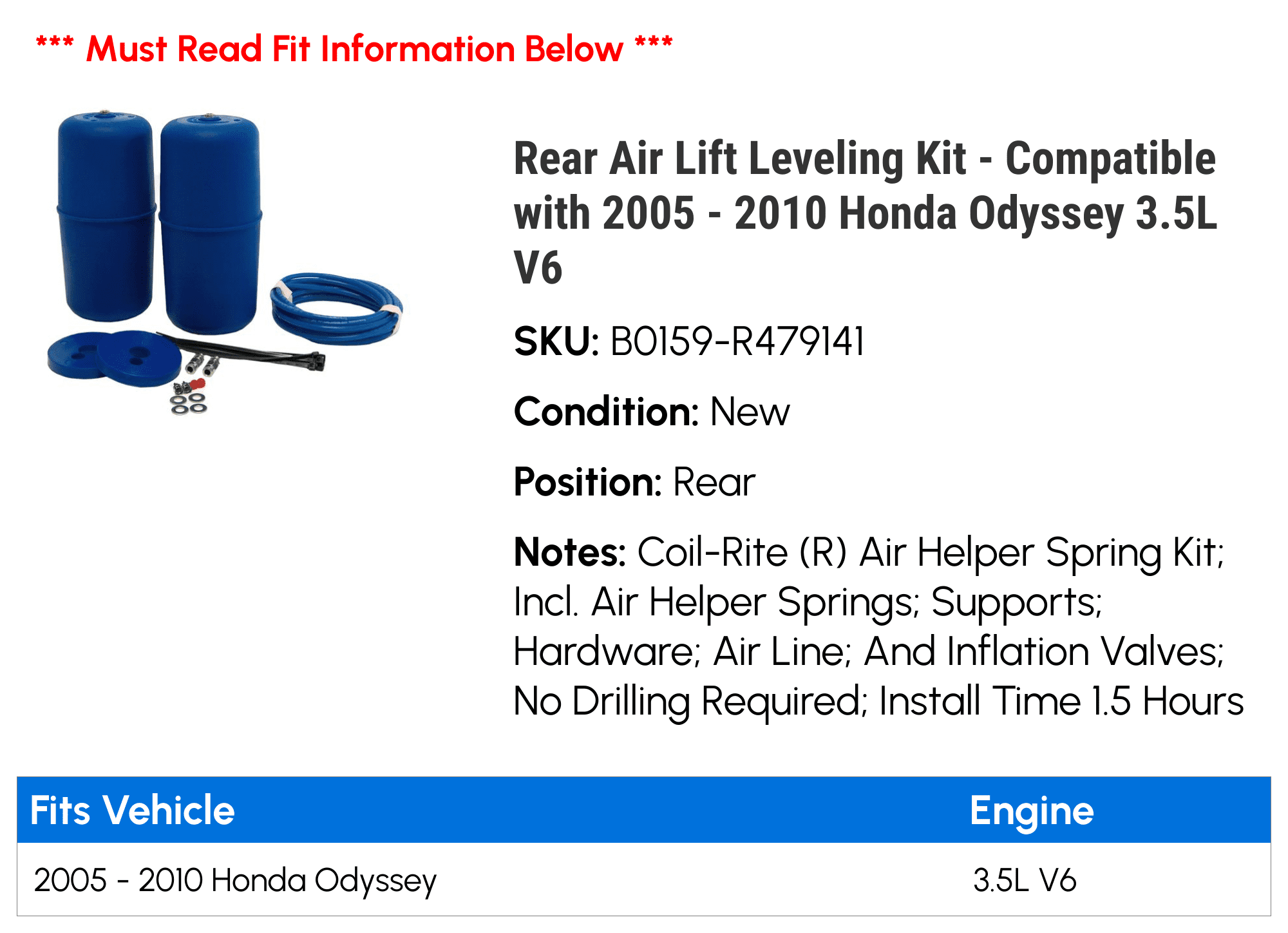 Rear Air Lift Leveling Kit - Compatible with 2005 - 2010 Honda Odyssey 3.5L V6 2006 2007 2008 2009