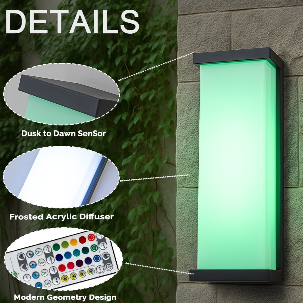 H20" Smart RGB Outdoor Wall Light Modern Large Integrated LED Wall Sconce with Remote and App Control Weather-Resistant Cast Iron Exterior Light Fixture for Porch Garage Garden