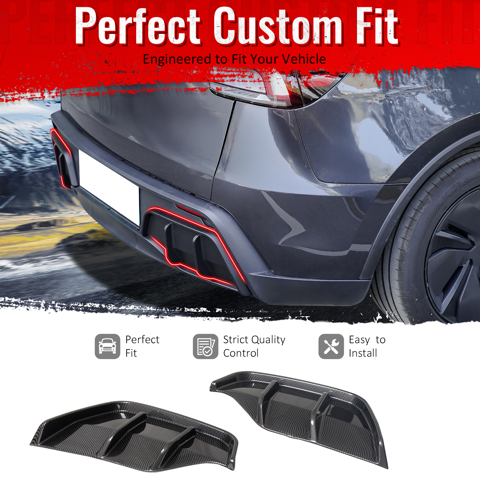 Ikon Motorsports Rear Aprons, Compatible with 2025-2026 Tesla Model Y Juniper,  IKON Style PP Polypropylene PP Carbon Fiber Print Rear Bumper Lip Lower Side Spat Valance Winglet Canard Protector 2PC