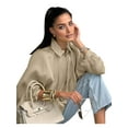 thumbnail image 2 of Women'S Puffy Bombers Jacket Oversized Street Casual Batwing Sleeve Lapel Pleated Shirt with Zipper Khaki S, 2 of 7