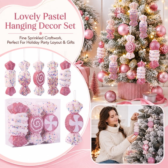 Christmas Party Decorations, Fake Candy, Ceiling Decorations Hanging, Candyland Party Decorations, 6Pc Glittery Sprinkle Covered Pink Fake Candy Hanging Ornaments for Indoor