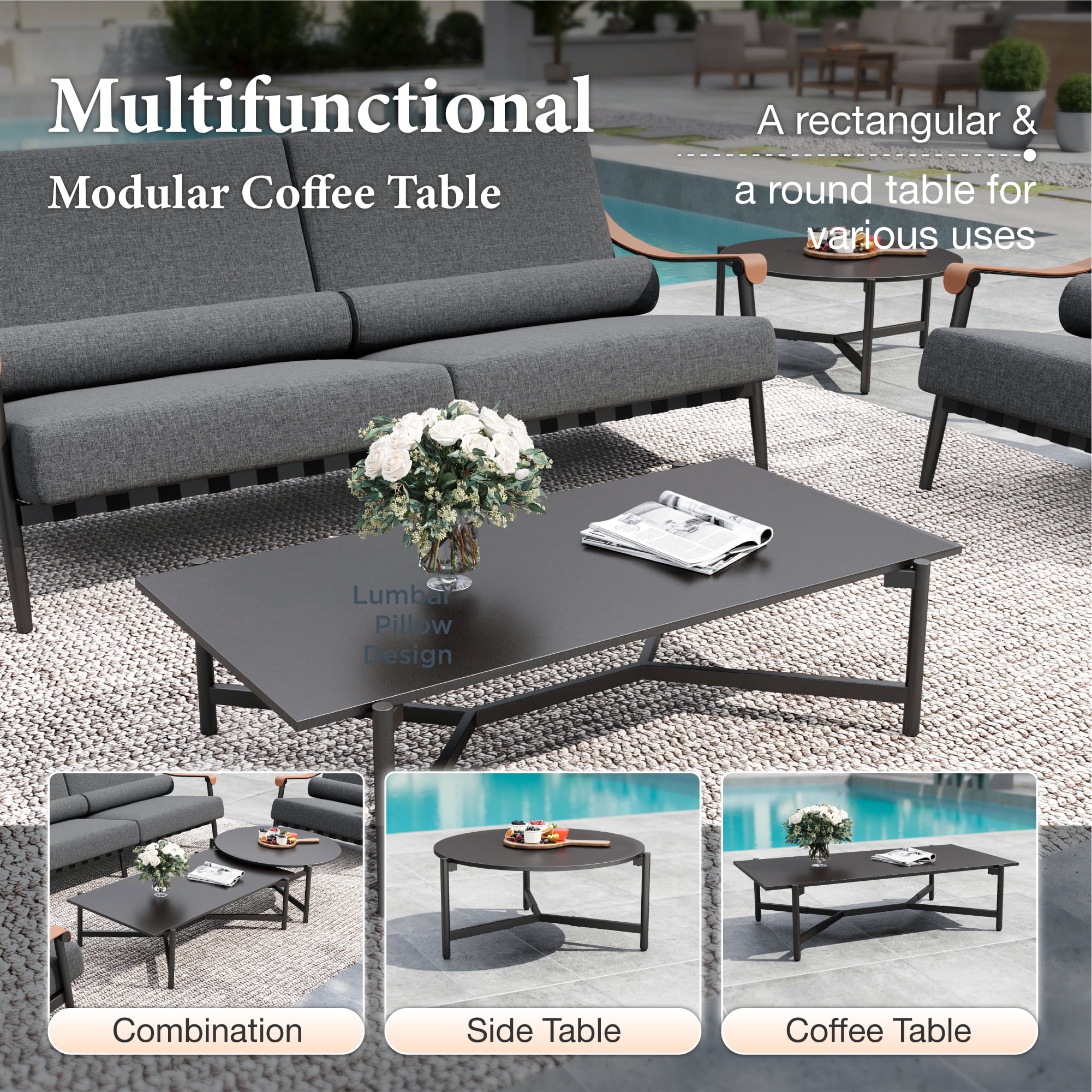 SUMMIT LIVING 5-Piece Metal Outdoor Furniture Sets with 2 Coffee Tables, Sectional Patio Conversation Set with 6.3" Extra Thick Cushions, Dark Gray
