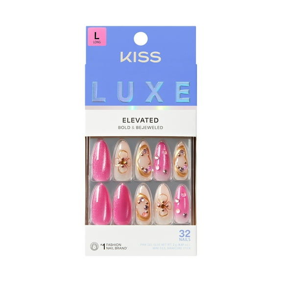 Kiss Luxe Press On Nails Almond, ‘Aurelia Meadow’, Pink, Long, 32 Count