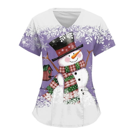 

TAIAOJING Scrubs for Women Merry Christmas Print Short Sleeve Pocket V Neck Workwear T Shirt Top