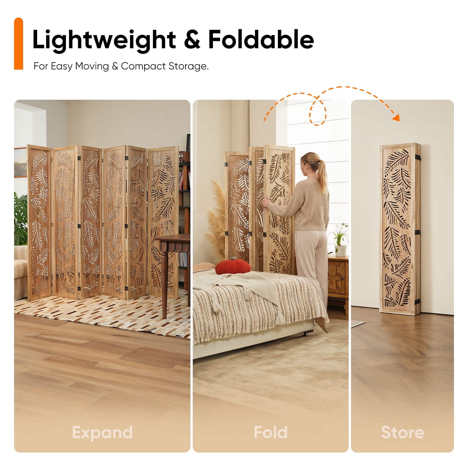 Jostyle 6 Panel Solid Wood Room Divider Privacy Screen - Freestanding Folding Partition with Feather Openwork Design, Paulownia Wood Frame Natural, No Assembly for Living Room, Bedroom, Office