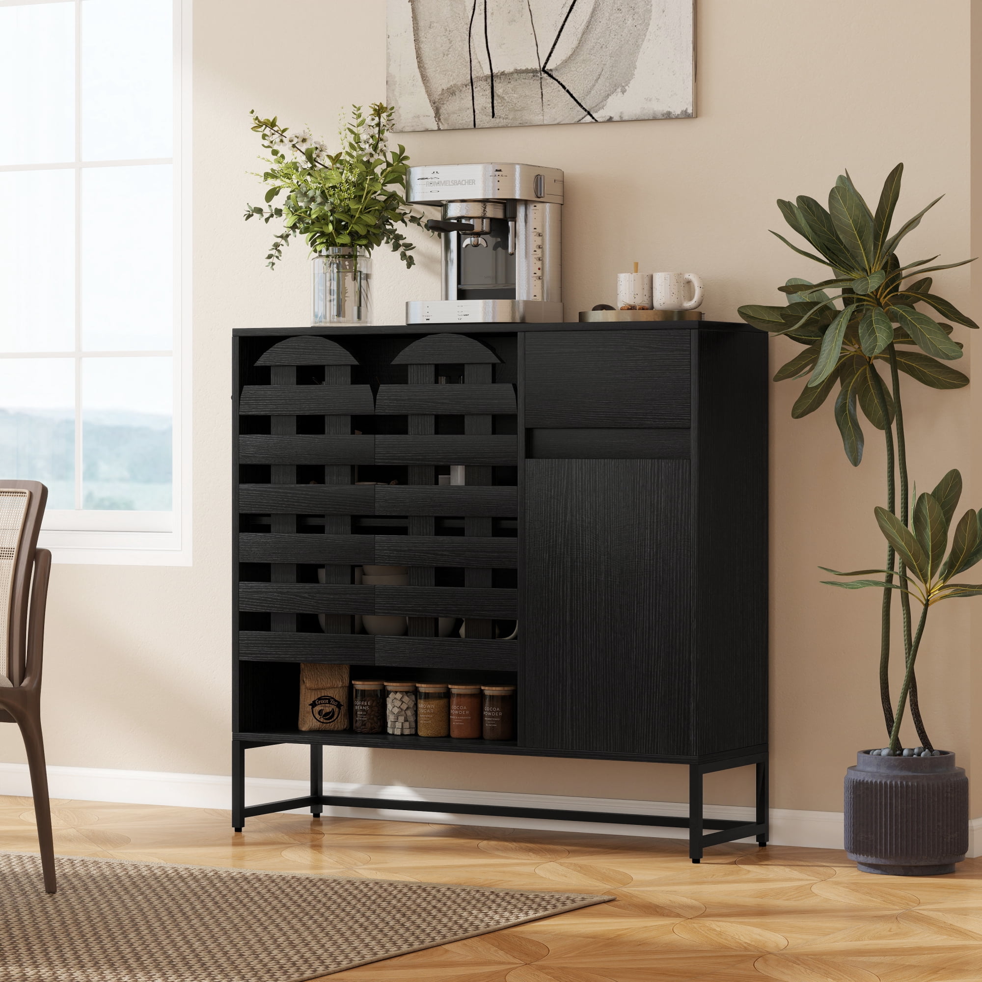 Leumius 44.3"Farmhouse Sideboard Cabinet with Storage,Coffee Bar Console Table With Storage,Rustic Storage Cabinet with Arched Lattice Doors and Drawer for Living Room Kitchen Entryway Black
