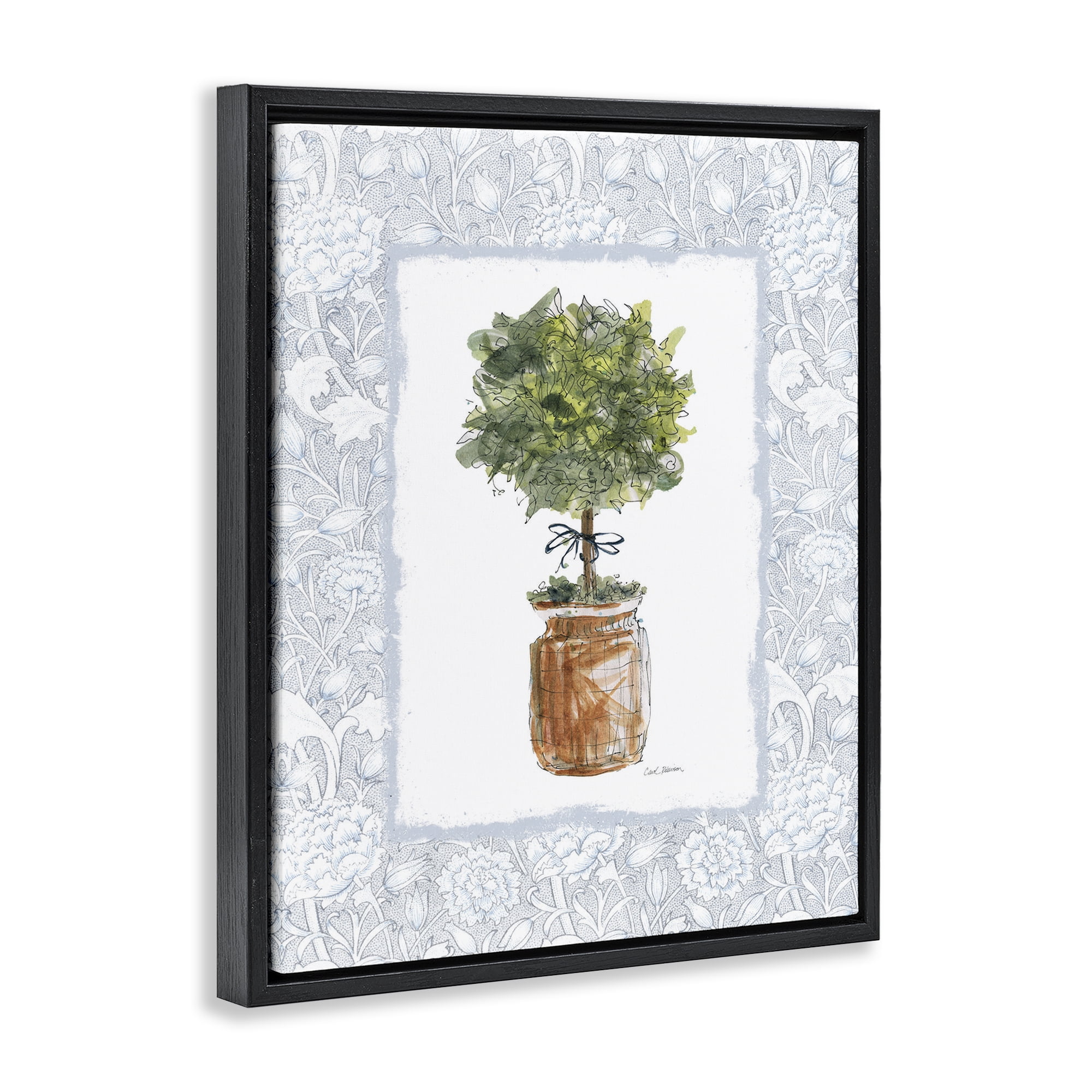Stupell Industries Potted Topiary with Ribbon Black Framed Floater Canvas Wall Art, design by Carol Robinson