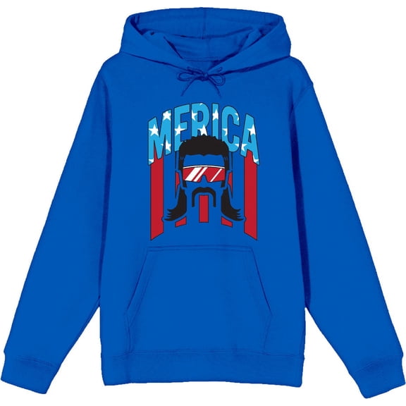 Americana Merica Mustached Man Royal Blue Adult Long Sleeve Hoodie-Medium
