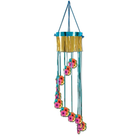 Party Central Club Pack of 12 Blue and Gold Hibiscus Flower Tropical Luau Beach Party Spiral Hanging
