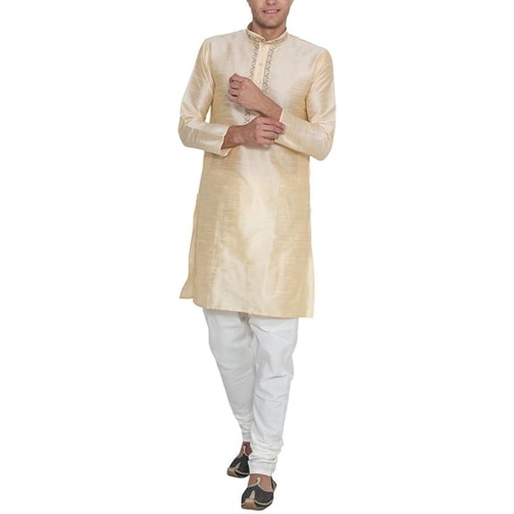 Royal Mens Jacqaurd Silk Embroidered Kurta Pyjama Set Gold