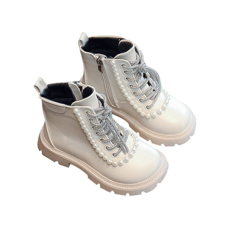 

Ritualay Kids Fashion Boot Keep Warm Dress Booties Side Zipper Ankle Boots Pearl Non-Slip Princess Shoes Party School Lace Up Short Bootie Beige 6.5C