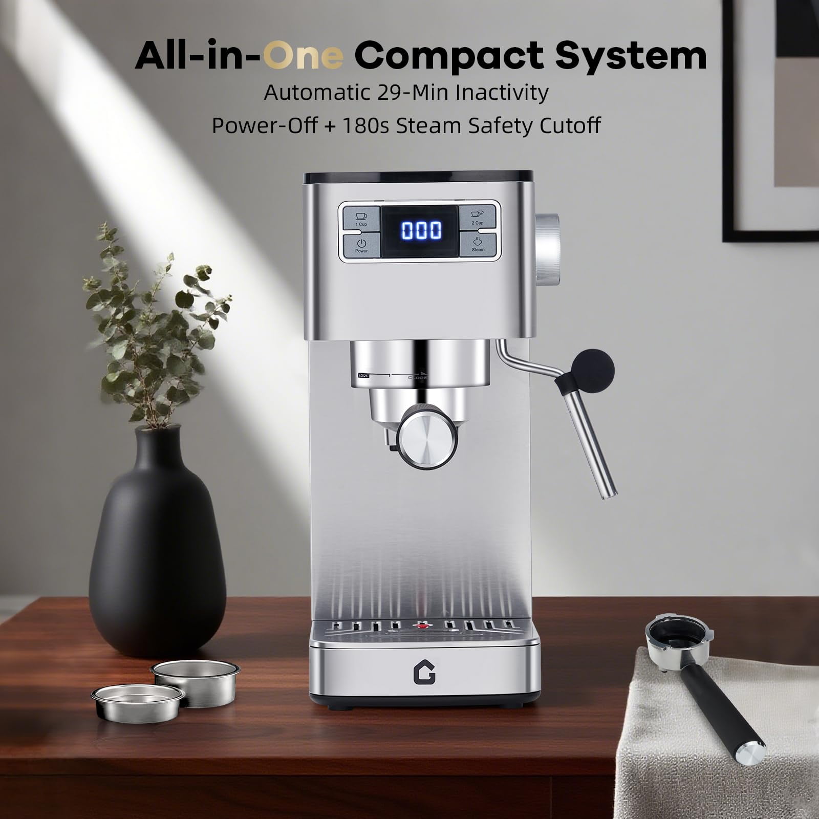 Gaderth Espresso Machine, Stainless Steel Coffee Machine with 20-Bar Pump Pressure, Steam Wand for Milk Frothing, Espresso Americano Cappuccino Latte, Compact Home Coffee Maker, 120V