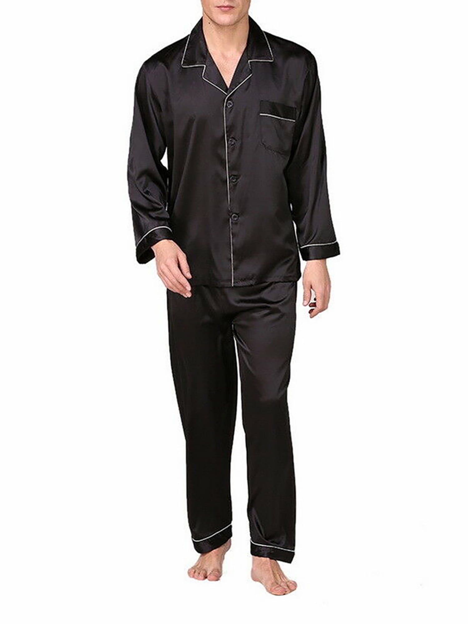 Mens Silk Satin Pajama Sets Long Sleeve Button Down PJ Set with Pocket ...