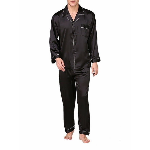 TheFound Pyjamas pour Hommes Col Rabattu Manches Longues Hauts Pantalons Longs Ensembles de Nuit en Soie