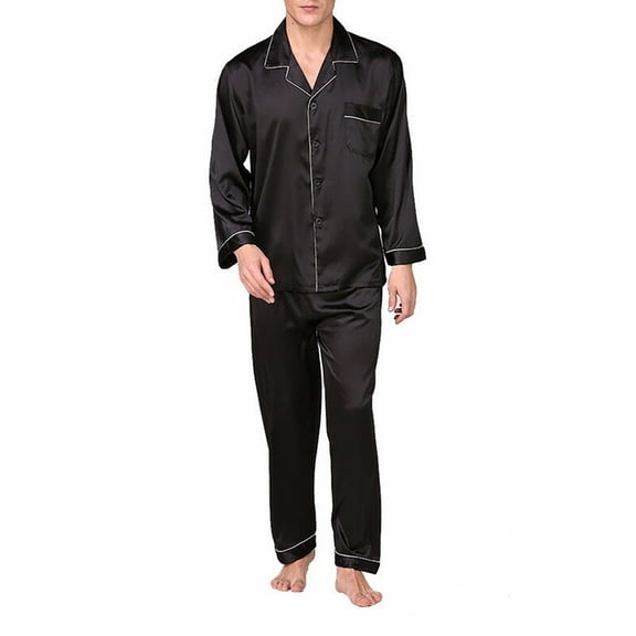 KOMOO 2Pcs Mens Silk Satin Pajamas Sets Solid long Sleeve Button Down Tops Long Pants Sleepwear Summer Pjs Loungewear Plus Size