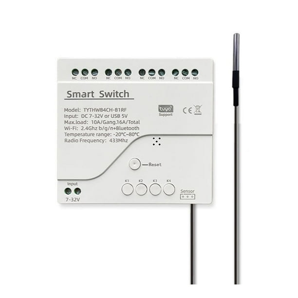 Interruptor Inteligente Tuya WiFi DC 7-32 V de 4 Canales con Sensor de Temperatura, Módulo de Contacto Seco Pasivo, Compatible con la Aplicación Smart Life.