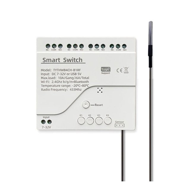 Interruptor Inteligente Tuya WiFi DC 7-32 V de 4 Canales con Sensor de Temperatura, Módulo de Contacto Seco Pasivo, Compatible con la Aplicación Smart Life.
