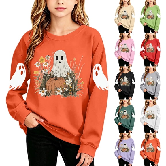 Qzwdhjm Halloween Crewneck Sweatshirt for Girl Long Sleeve Cute Ghost Graphic Sweatshirts Loose Fall Pullover for Halloween Season 2-15Y