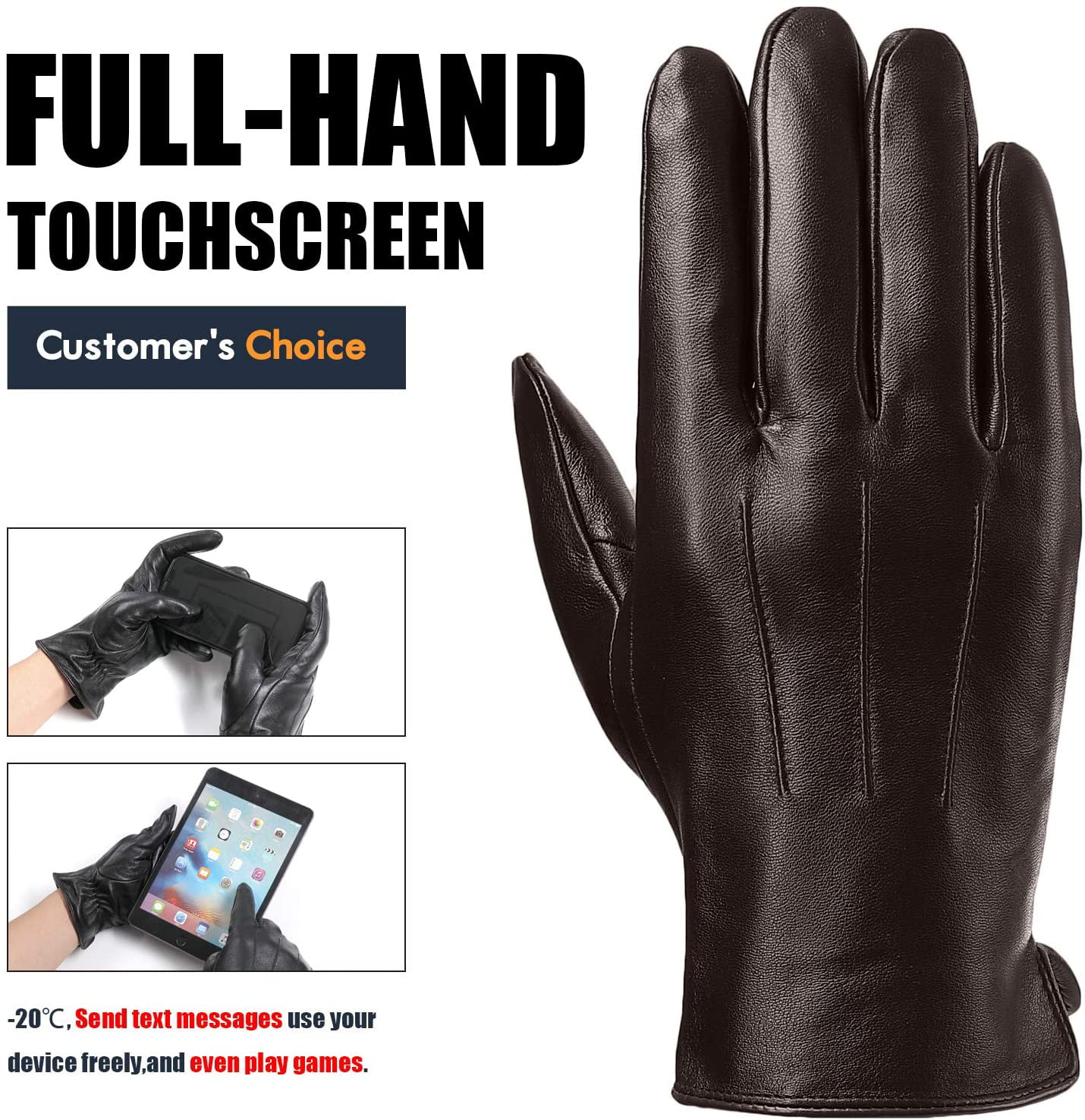 Mens Italian Nappa Winter Touchscreen Leather Gloves Texting Driving Gloves with soft nap cuffs for Men 