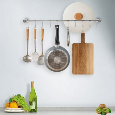 Pot Pan Hanging Rack Rail Pot Hanger Organizer Wall Mount Stainless 10 Hooks