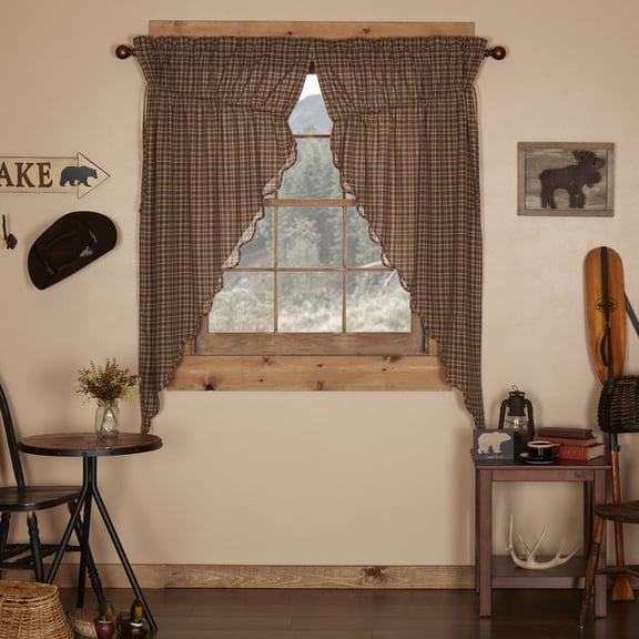 VHC Brands Prescott Rustic 63"x36"x18" Prairie Panel Pair Brown Rod Pocket Cotton Plaid Drawstring Ties Window Curtains