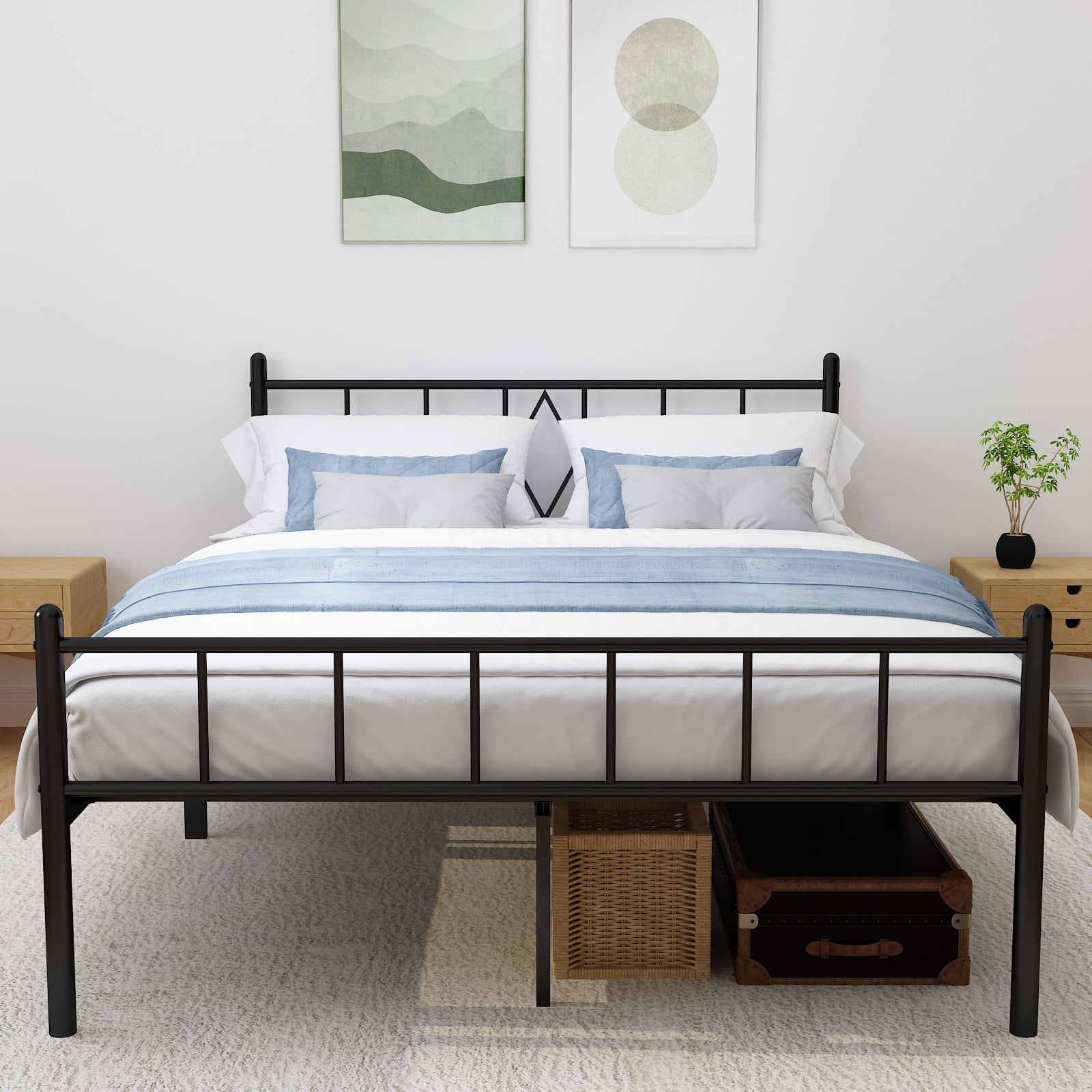 MAYEERTY 14"H Full Size Metal Platform Bed Frames with Iron-Art Headboard, Footboard, Under Bed Storage, No Box Spring Needed, Heavy Duty Metal Slat，Black