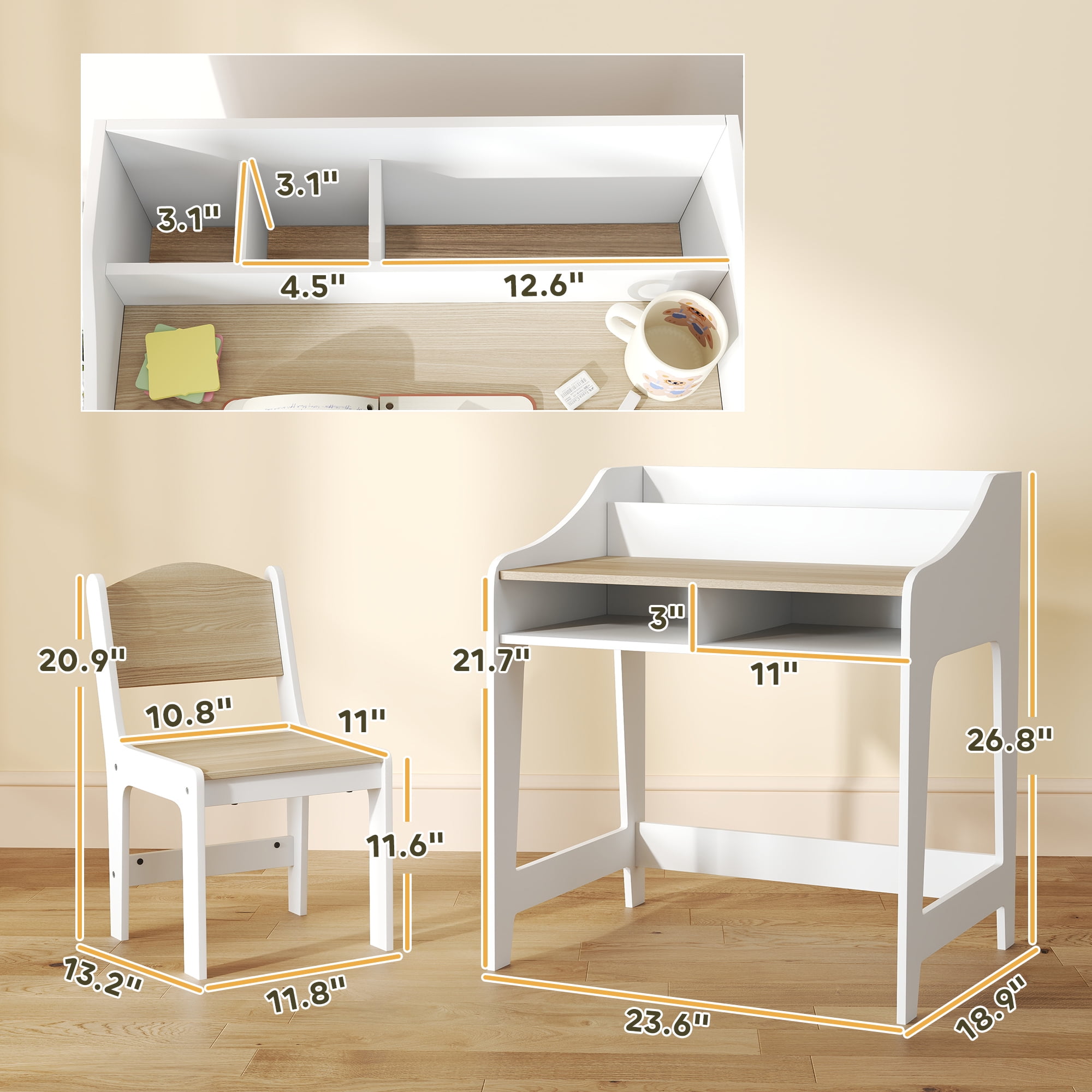 Qaba Kids Desk and Chair Set, Children Study Table with Storage Shelves, Student Writing Desk for Bedroom & Study Room, 3-8 Years Old, Natural Wood