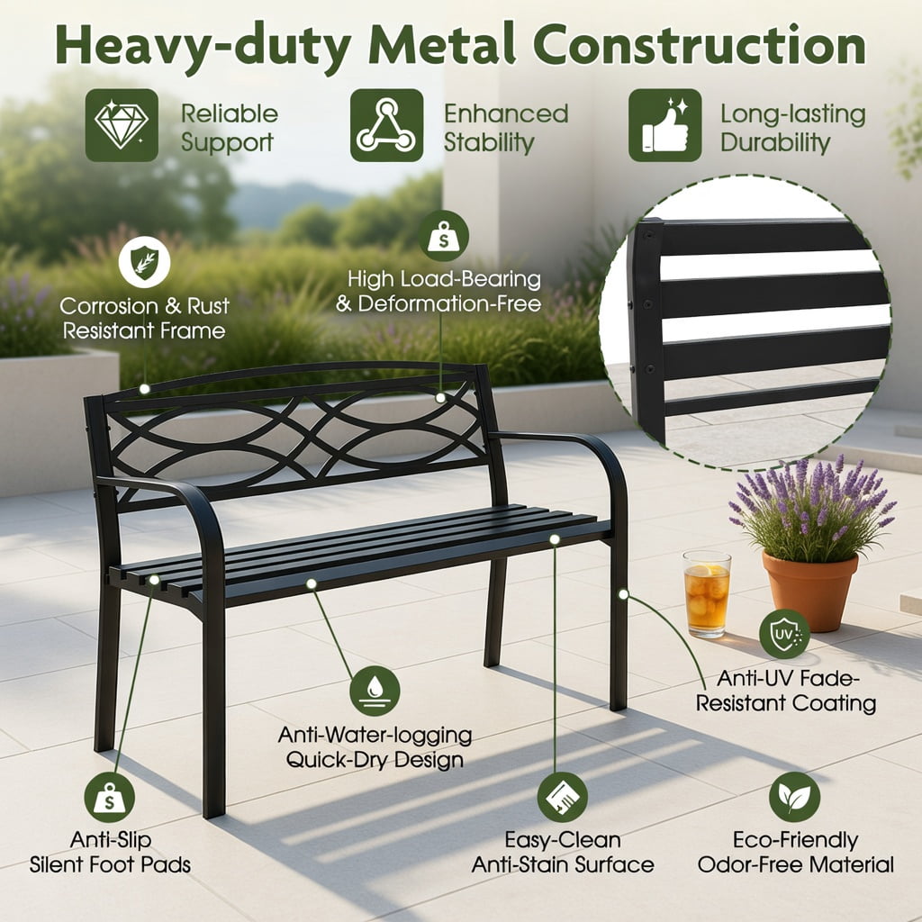 Hommoo Modern Metal Garden Bench with Curved Armrests & Contoured Backrest, Outdoor Patio Bench for Yard, Poolside or Deck, Black