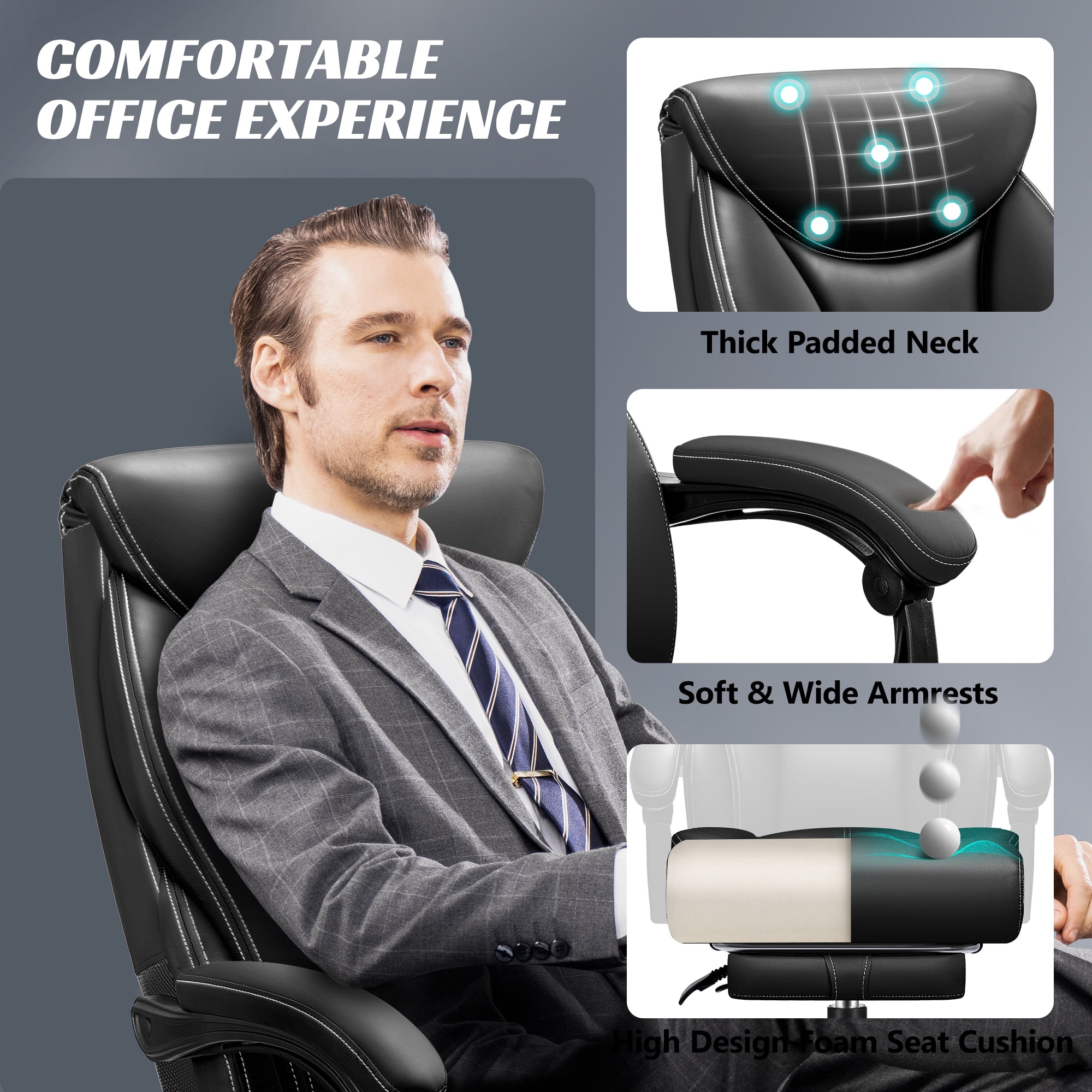 ATHOPE Leather Office Chair 400Lbs, Executive Office Chair with Footrest High Back Support, Big and Tall Ergonomic Desk Chair, Adjustment Computer Chair 360°Swivel Free, Black