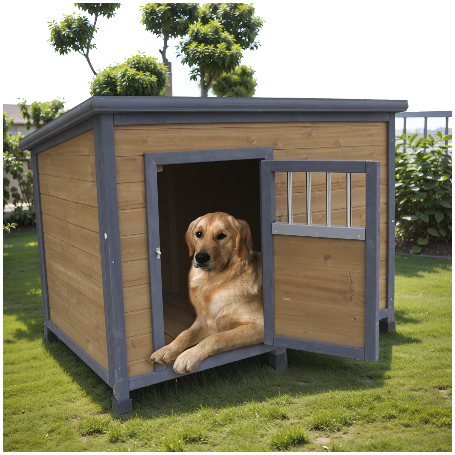 44.2" Wooden Dog House, Outdoor and Indoor Large Kennel with Elevated Feet and Breathable Wooden Doors, Weatherproof Solid Wood Doghouse for Small Large Dog