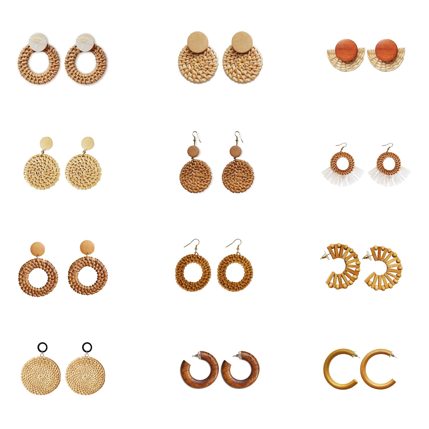 Her Lab Rattan Straw Earring Handmade Boho Earrings Round Circle Disc