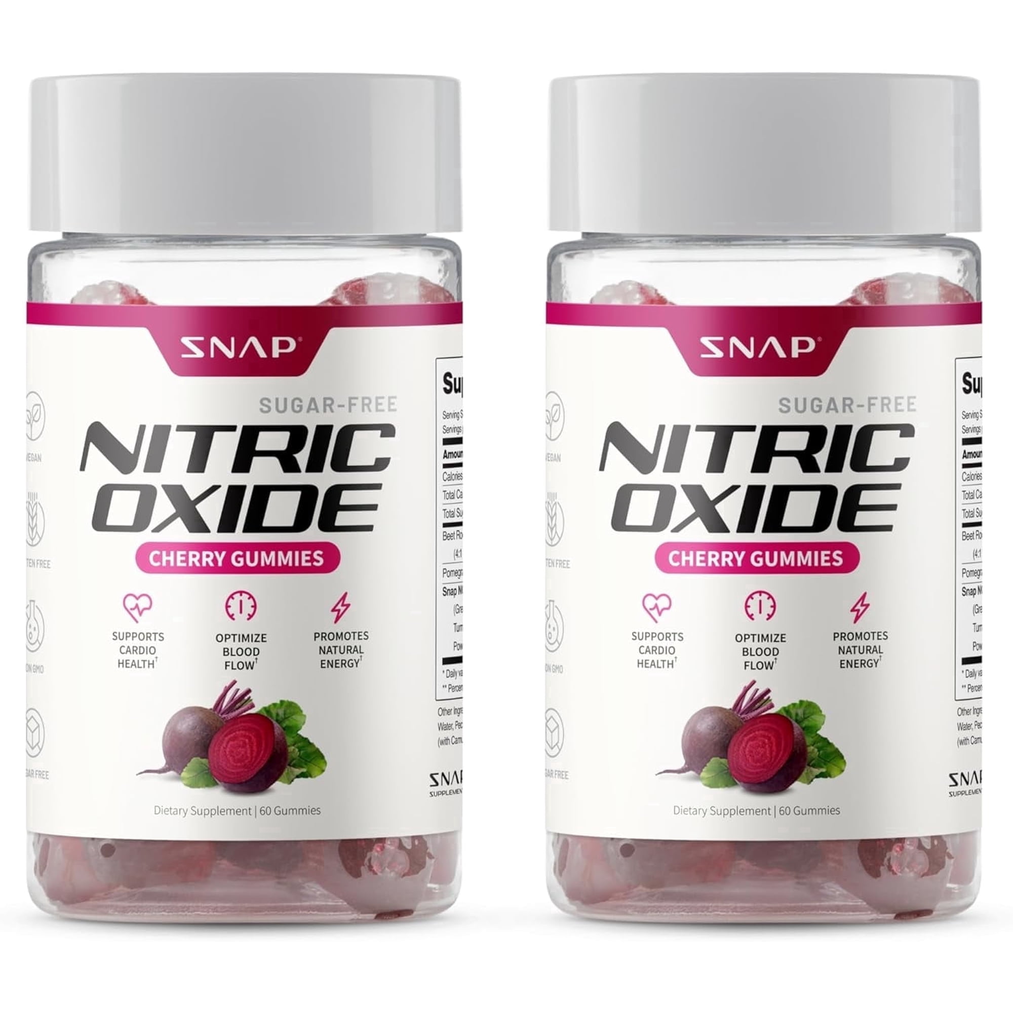Snap Beet Root Nitric Oxide Gummies, Sugar-Free Energy & Blood Flow Support, Heart Health & Circulation, Antioxidant Superfood, 60 Count (2 Pack) Cherry