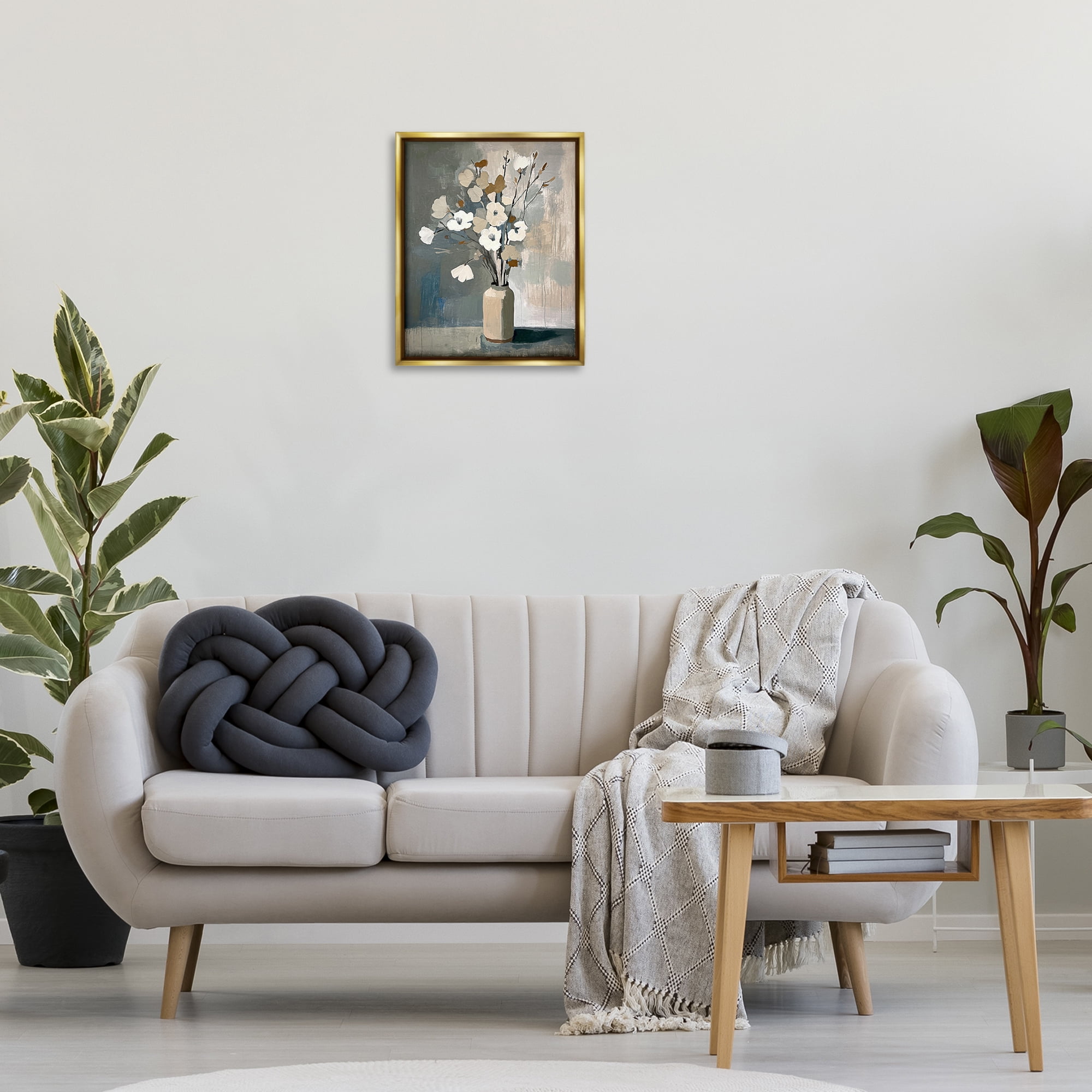 Stupell Industries Natural Floral Vase Botanical & Floral Painting Gold Floater Framed Canvas Art Print Wall Art, 17 x 21